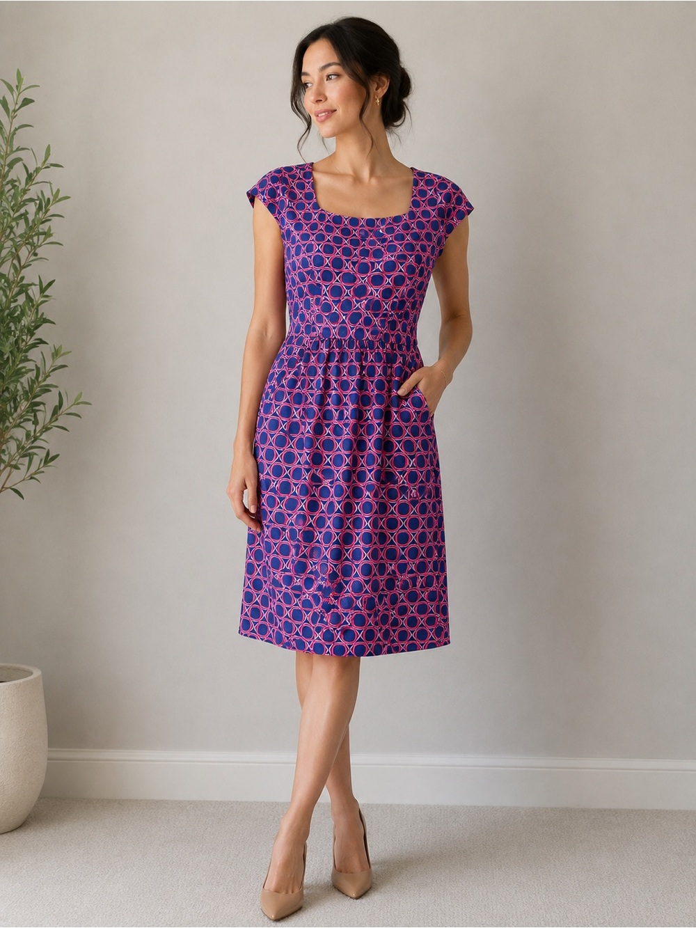 J. McLaughlin Blue and Pink Geometric Cap-Sleeve Midi Dress